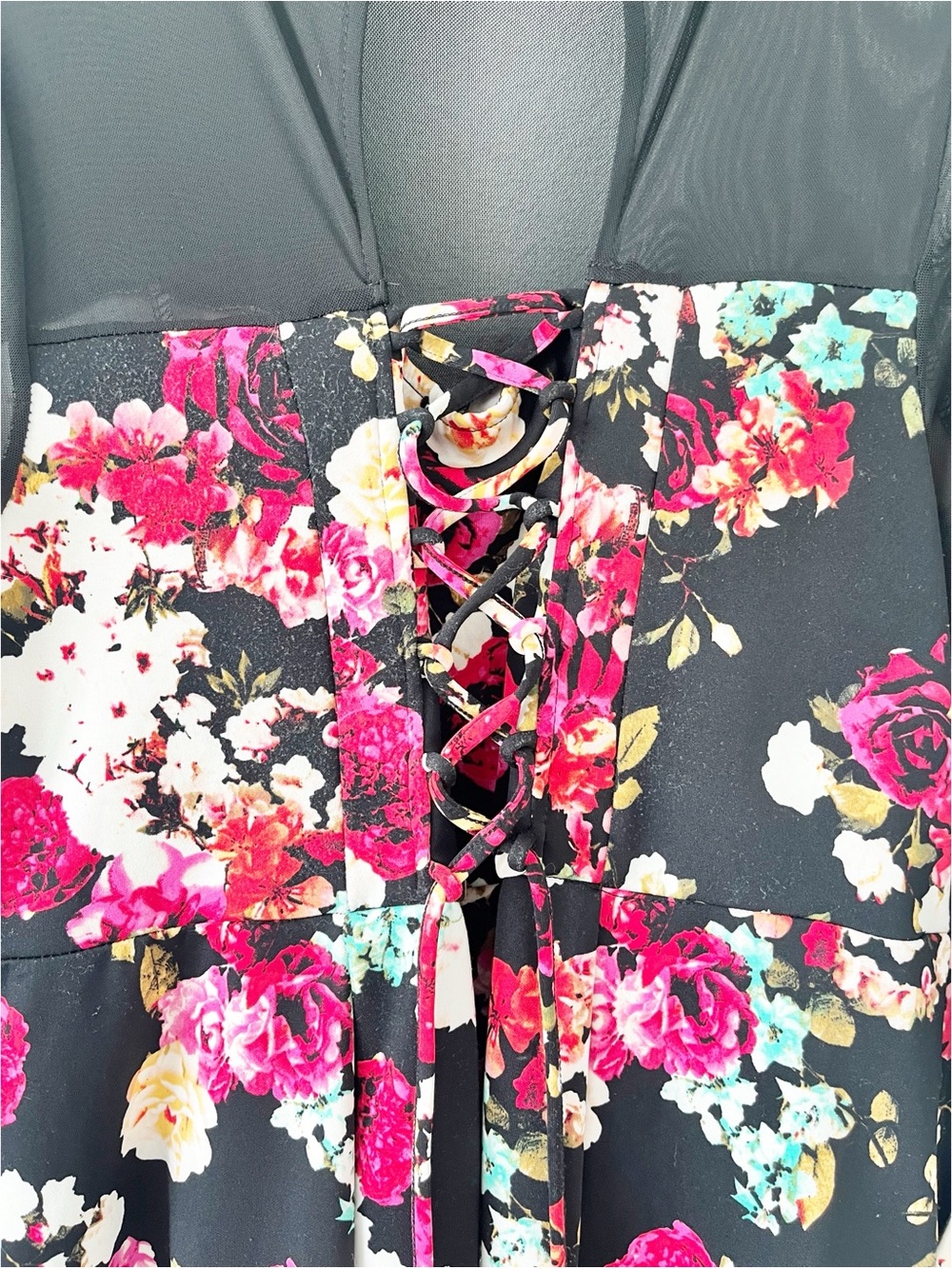 Torrid Floral Fit & Flare Floral Black Mesh Sleeve Pockets Scuba Mini Dress - Picture 9 of 11